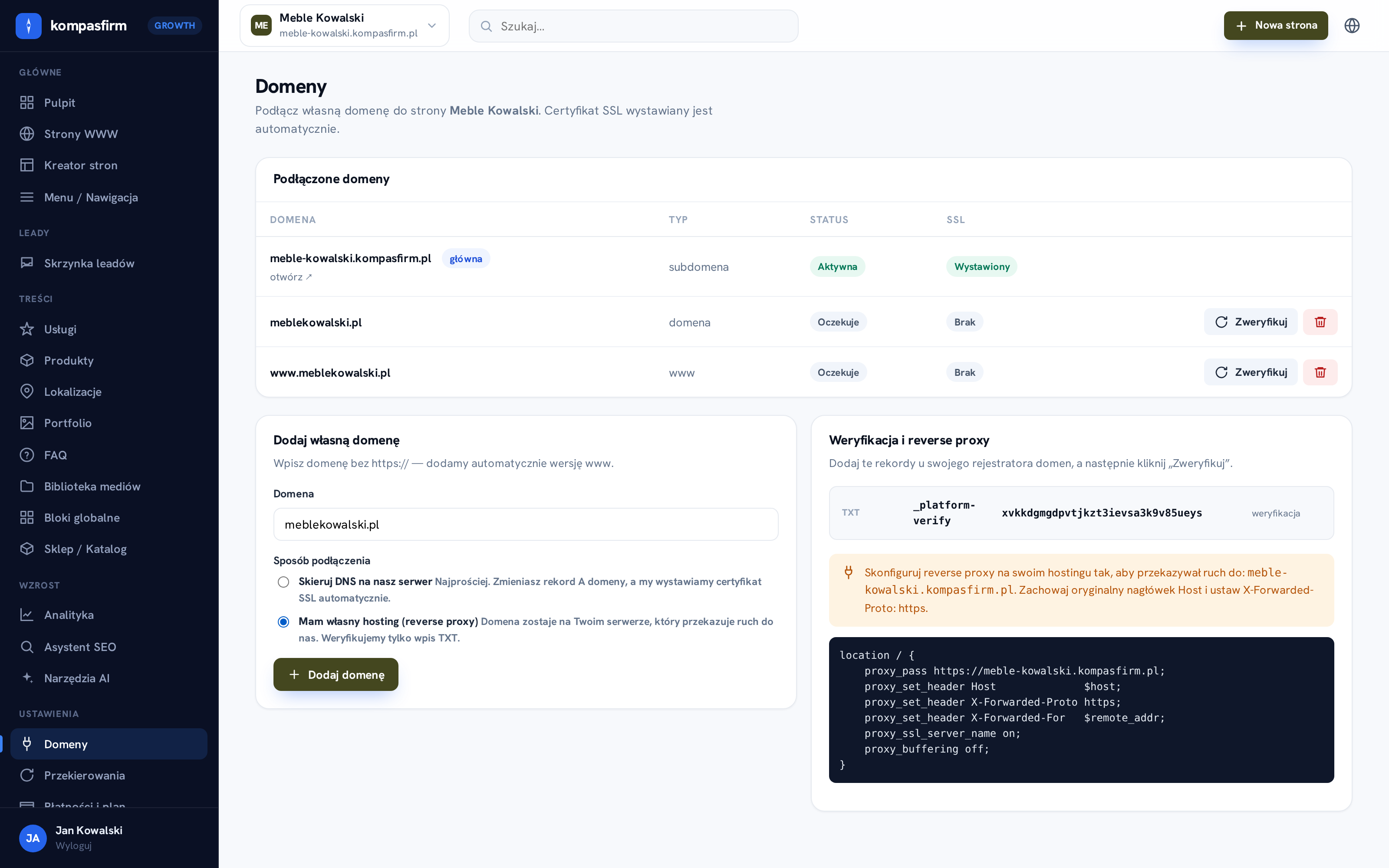 Panel Domeny w KOMPASFIRM, gdzie podłączysz własną domenę